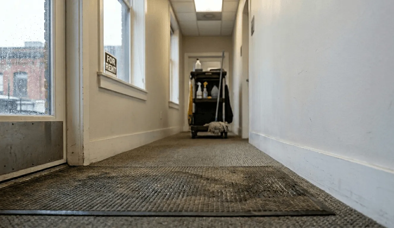 Neglected office hallway showing signs of declining commercial cleaning quality in Portland