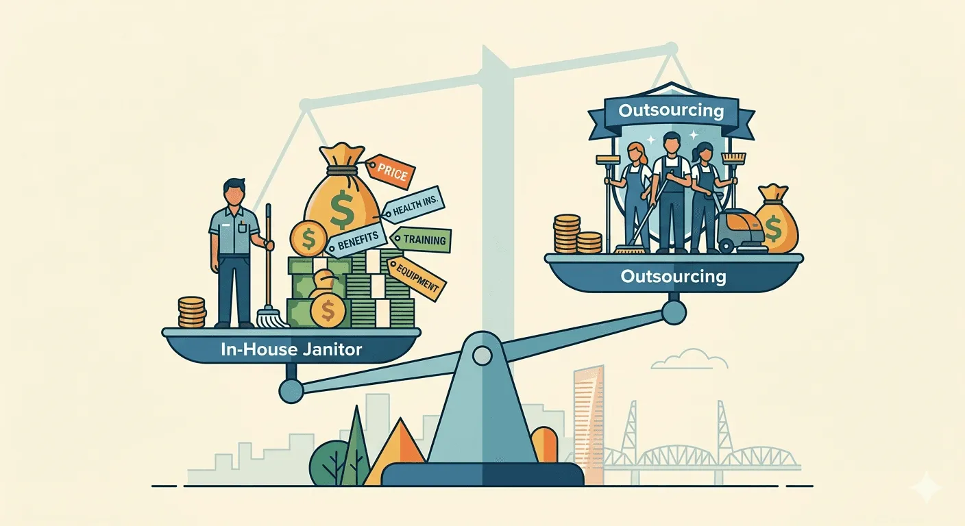 Portland office building comparing in-house janitorial staff versus outsourced commercial cleaning services