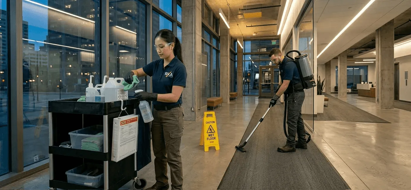 Cleaning crew wearing PPE while working in a Portland commercial building